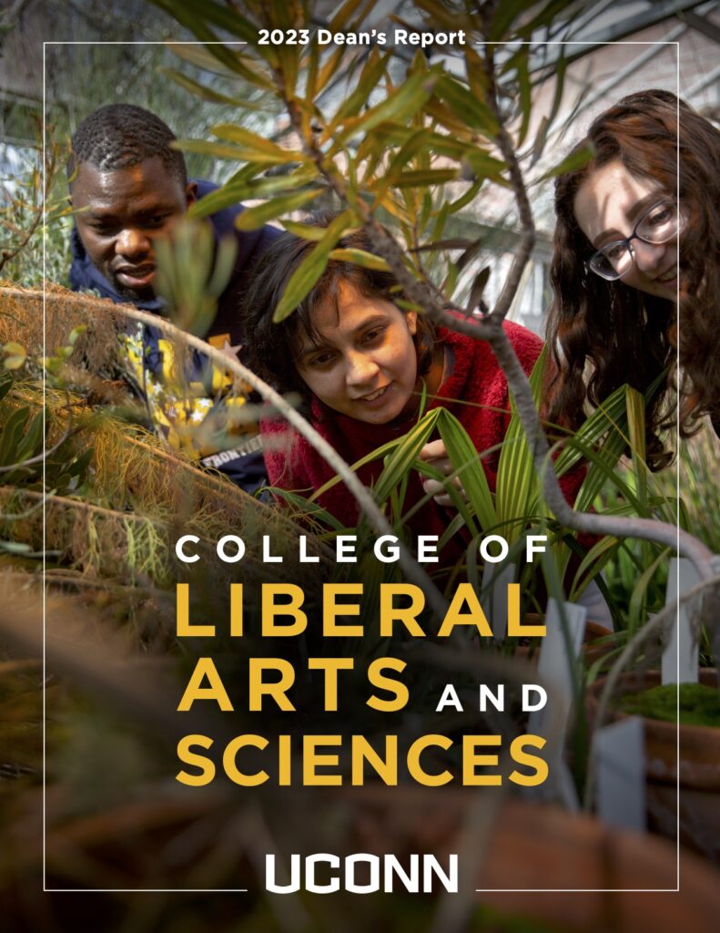 2023 and 2024 UConn CLAS Dean's Report cover images depicting a scientist looking through a large telescope in an observatory and students investigating plants in a greenhouse.